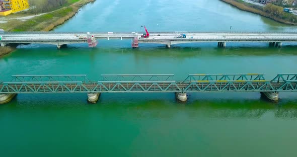 Two Bridges From Above with the Passage for the Train and for Cars