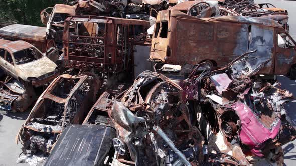 War in Ukraine a Dump of Shot and Burned Cars in Irpin Bucha District