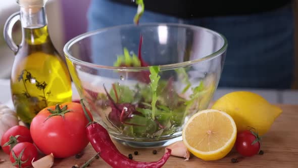 Arugula Salad Leaves Falling Into Glass Bowl