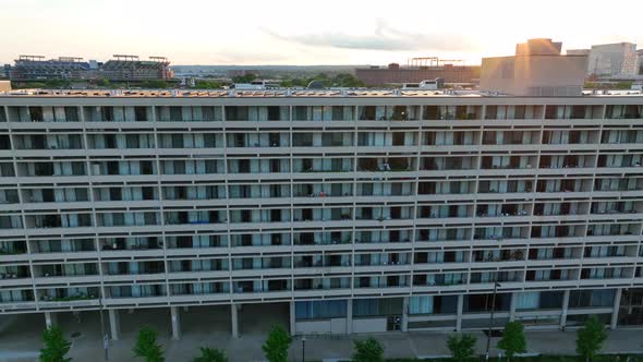 Exterior aerial truck shot of large hotel in USA. American hospitality and travel leisure industry.