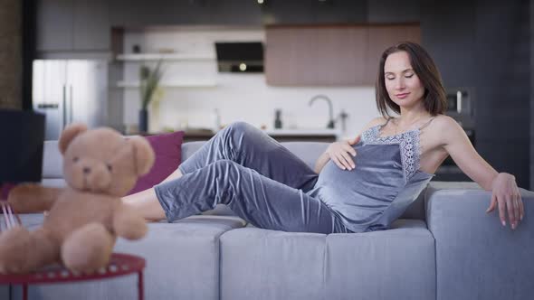 Wide Shot of Happy Relaxed Pregnant Woman Smiling Looking at Camera Sitting on Comfortable Sofa in