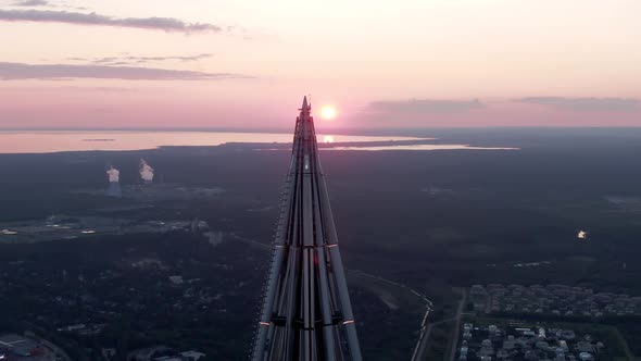 Beautiful Aerial Shot at Sunset of the Lakhta Center Skyscraper