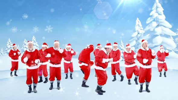 Group of santa claus dancing on a snowy landscape