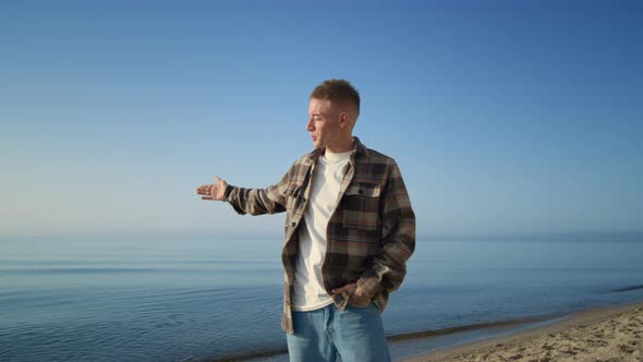 Smiling Man Posing Sunny Seacoast