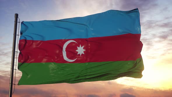 Flag of Azerbaijan Waving in the Wind Against Deep Beautiful Sky at Sunset