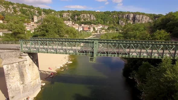 Aerial travel drone view of Balazuc, Southern France.