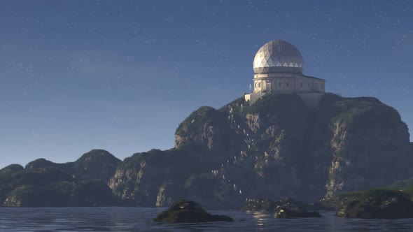 A modern astronomical observatory building on a far steep rocky coast. 4KHD