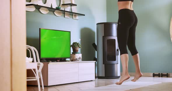 Woman Exercising at Home Following a Remote Fitness Class