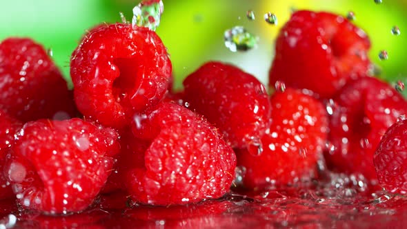 Super Slow Motion Shot of Splashing Water on Fresh Raspberries at 1000Fps