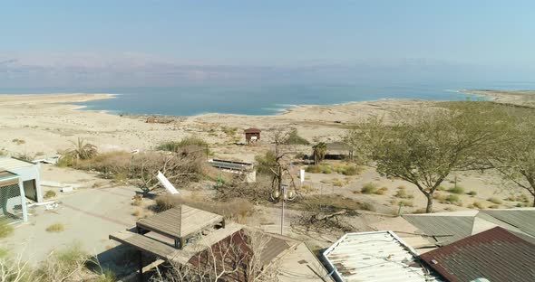 Aerial view of ruins on desert along seashore, Dead sea, Negev, Israel.