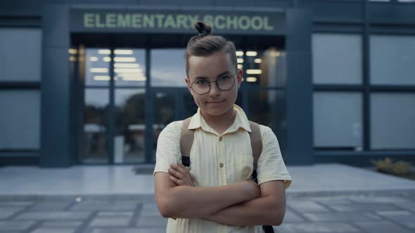 Elementary Age Guy Posing on Schoolyard Alone Close Up