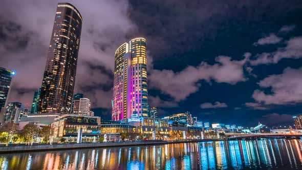 Melbourne Australia Victoria city looking over the Yarra River and casino with flames and water refl