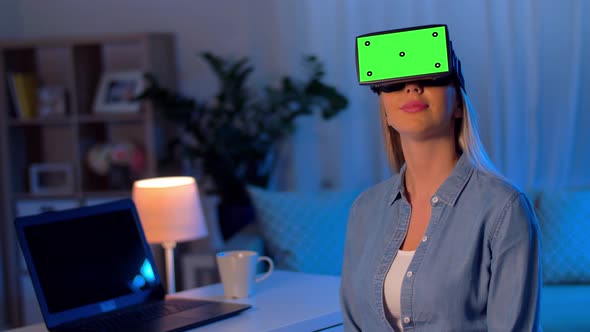 Happy Young Woman in Vr Glasses at Home at Night 13