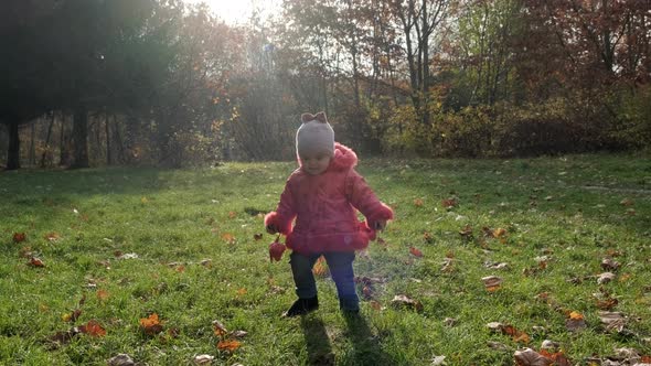 Baby girl runs to the camera in the autumn park at sunset. Slow motion.