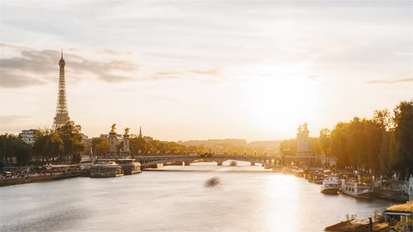 Paris, France, Timelapse - The Alexander III Bridge and the Eiffel Tower before the sunset