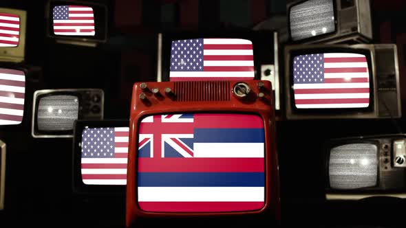 Flag of Hawaii and US Flags on Retro TVs.