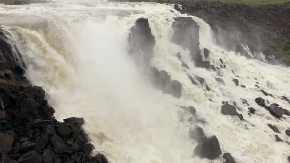 Aerial view of huge overflow waterfall at Magic Reservoir