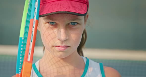 Redheaded Teen Holding Tennis Racket and Looking Into the Camera