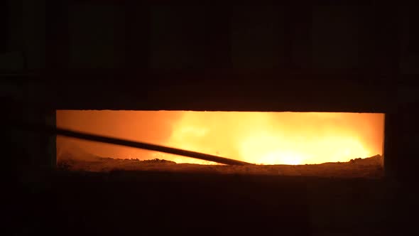 Open Blast Furnace at a Steel Factory. In the Furnace, a Huge Temperature, the Metal Melted, the