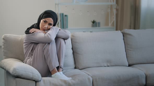 Lonely Upset Sad Muslim Young Woman Sit on Sofa Health Problem Interrupted Pregnancy Divorce Islamic