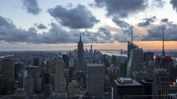 Time lapse shot of sunset and night falling over Manhattan, New York City