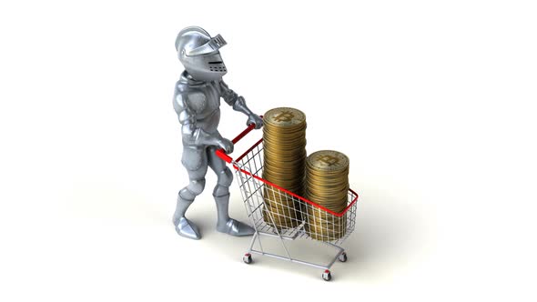 Fun 3D cartoon knight shopping with bitcoins