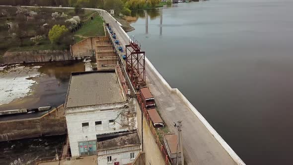View of the treatment plant from above. Wastewater. Water sewage plant is on the river
