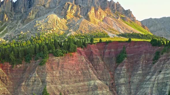 Passo delle Erbe at sunset in Dolomites, aerial view