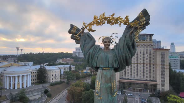 Monument on Independence Square in Kyiv at Dawn. Aerial View