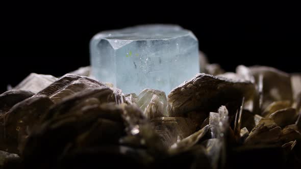 A very tight macro shot of a rare aquamarine sample nested in muscovite from Argentina.