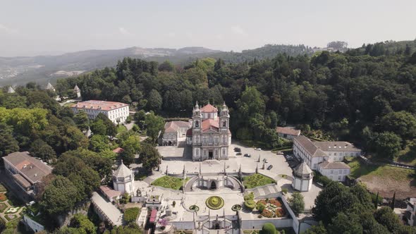 Panoramic view of Sanctuary of Bom Jesus do Monte, Braga. Establishing orbiting shot