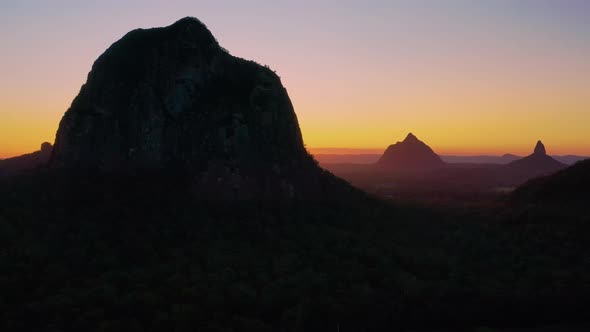 Aerial view of the Glass House Mountains, Sunshine Coast Hinterland.