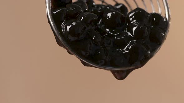 Succulent Black Tapioca Pearls Falling from Steel Skimmer, Macro Shot