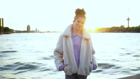 Slowmotion Happy Stylish Carefree Young Mixedraise Ginger Girl Freckles Standing Riverbank Feeling