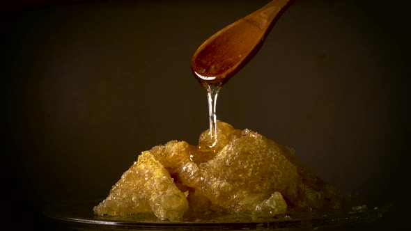 Honey Flows From a Wooden Spoon on a Honeycomb