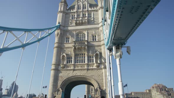 Low angle of one Tower Bridge's towers