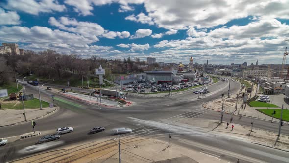 Traffic on the Streets Intersection of the City Aerial Timelapse in Kharkov Ukraine