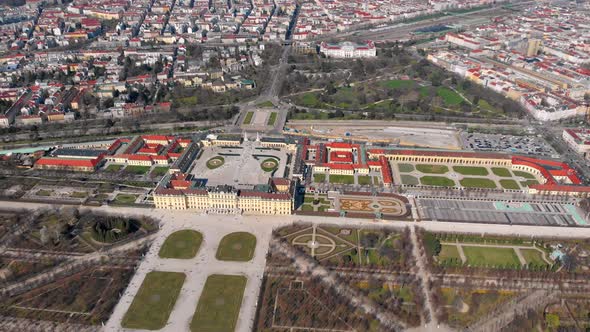 Flight in the afternoon over Schonbrunn Park in Vienna. View of the palace from above. Austria