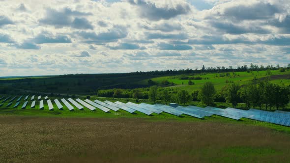 Aerial View Solar Panels Park in Green Nature Background