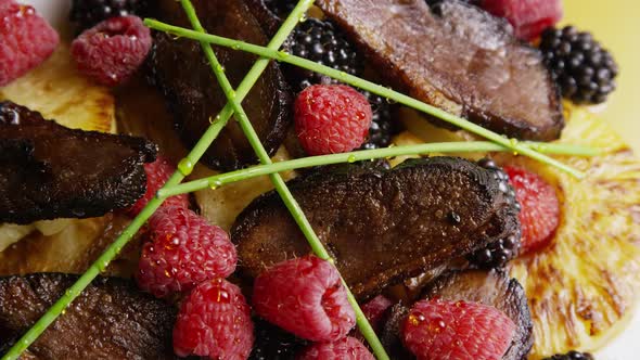 Rotating - smoked duck bacon with grilled pineapple, raspberries, blackberries and honey - FOOD 108