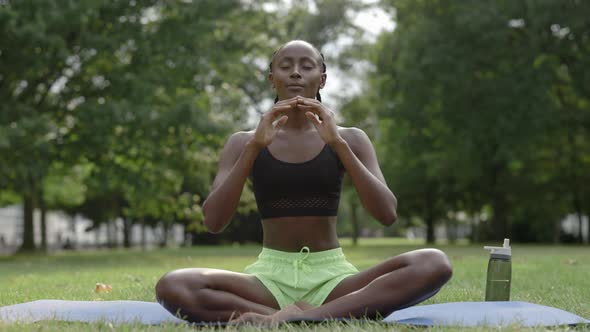 African American Woman Meditating Among Green Park