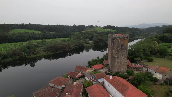 Monção, Medieval Tower of Lapela Aerial View. River Minho, Portugal
