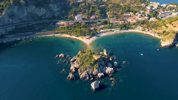 Taormina Sicily Isola Bella Beach From the Sky Aerial View Voer the Island and the Beach By Taormina