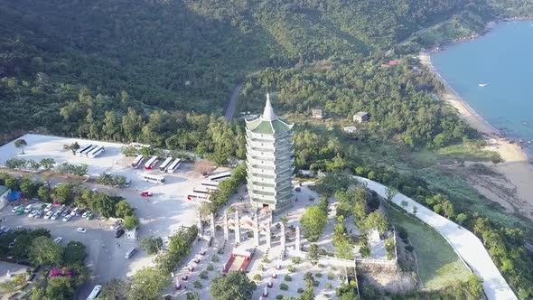 Aerial View Buddhist Complex with Pagoda on Hill Top