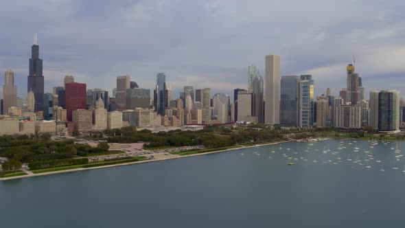 boats moored in Lake Michigan and Chicago skyline