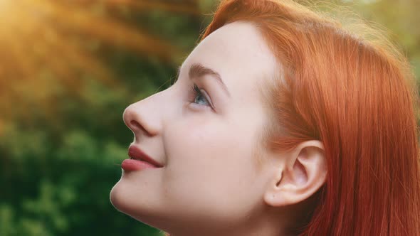 Closeup Female Inspired Pretty Profile Face Attractive Model Teenage Beautiful Redhead Girl Stands