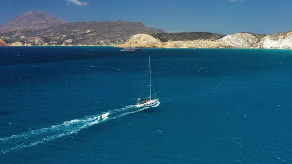 Greece. View of the yacht and the blue sea water. Vacation and travel.