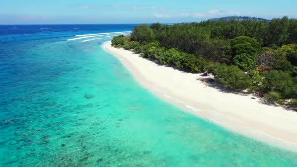 Aerial drone scenery of tropical lagoon beach trip by aqua blue sea and white sandy background of a 
