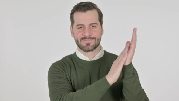 Portrait Shot of Happy Man Clapping Applauding White Screen