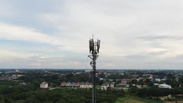 Zoom Out Telecommunication Base Station In Rural Countryside.